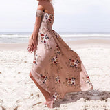 Off Shoulder Side Slit Floral Maxi Dress Beige