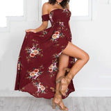 Off Shoulder Side Slit Floral Maxi Dress Red