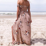 Off Shoulder Side Slit Floral Maxi Dress Beige