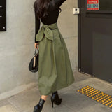 Solid High Waist Bow Maxi Skirt Green