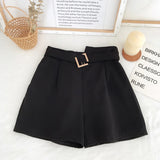 Elastic High Waist Belted Shorts Black