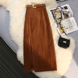 Midi Side Slit A-Line Corduroy Skirt Brown