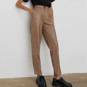 High Waist Straight Leg Faux Leather Pants Brown