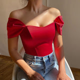 Satin Off Shoulder Top Red