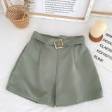 Elastic High Waist Belted Shorts Green