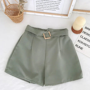 Elastic High Waist Belted Shorts Green