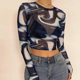 Mesh Sheer Print Long Sleeve Crop Top Blue