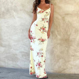 Sleeveless Floral Print V-Neck Slim Maxi Dress Cream