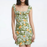 Leaf Fruit Print Ruffle Mini Dress Green