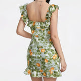 Leaf Fruit Print Ruffle Mini Dress Green