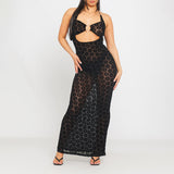 Mesh Embossed Halter Cut Out Detail Maxi Dress Black