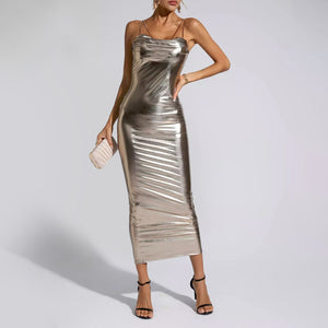 Metallic Ruched Maxi Sheath Dress Gold