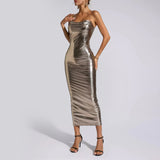 Metallic Ruched Maxi Sheath Dress Gold