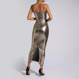 Metallic Ruched Maxi Sheath Dress Gold