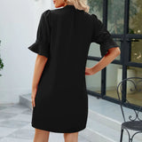 Notched Neck Flounce Sleeve Mini Dress Black