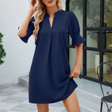 Notched Neck Flounce Sleeve Mini Dress Navy Blue