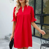 Notched Neck Flounce Sleeve Mini Dress Red