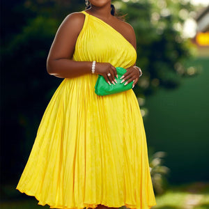 Plus Size One Shoulder Sleeveless Ruffle Pleated Midi Dress Yellow