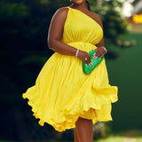 Plus Size One Shoulder Sleeveless Ruffle Pleated Midi Dress Yellow