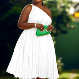 Plus Size One Shoulder Sleeveless Ruffle Pleated Midi Dress White