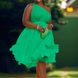 Plus Size One Shoulder Sleeveless Ruffle Pleated Midi Dress Green