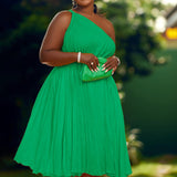 Plus Size One Shoulder Sleeveless Ruffle Pleated Midi Dress Green