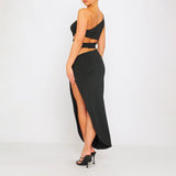 One Shoulder Cut Out Buckle Detail Maxi Dress Black