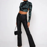 Printed Mock Neck Crop Top Black Dragon