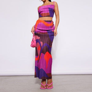 Printed Pleated Cami Top And Skirt Matching Set  Purple