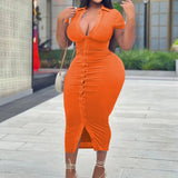 Plus Size Collared Button Down Short Sleeve Midi Dress Orange