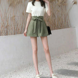 Chiffon Bow Belt High Waist Shorts Green