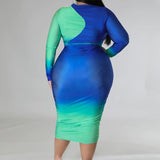 Plus Size Long Sleeve Two Tone Bodycon Midi Dress Blue