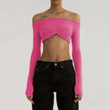 Mesh Off Shoulder Crop Top Pink