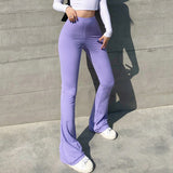 Slim High Waist Bell Bottom Flare Pants Purple