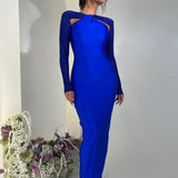 Long Sleeve Cut Out Bodycon Maxi Dress Blue