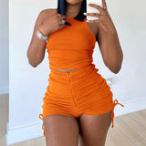 Drawstring Basic Matching Shorts Set Orange