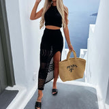 2-Piece Knitted Mesh Beach Cover Up Skirt Set Black