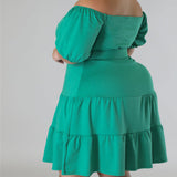 Plus Size Solid Off Shoulder Belted Midi Dress Green