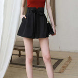 Chiffon Bow Belt High Waist Shorts Black