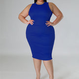 Plus Size Sleeveless Solid Bodycon Midi Dress Blue