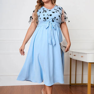 Plus Size Lace Short Sleeve Floral Print Midi Dress Blue