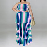 Plus Size Strapless Ruffled Cut Out Maxi Dress Blue