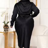 Plus Size Long Sleeve Satin Blouse Ruched Midi Dress Black