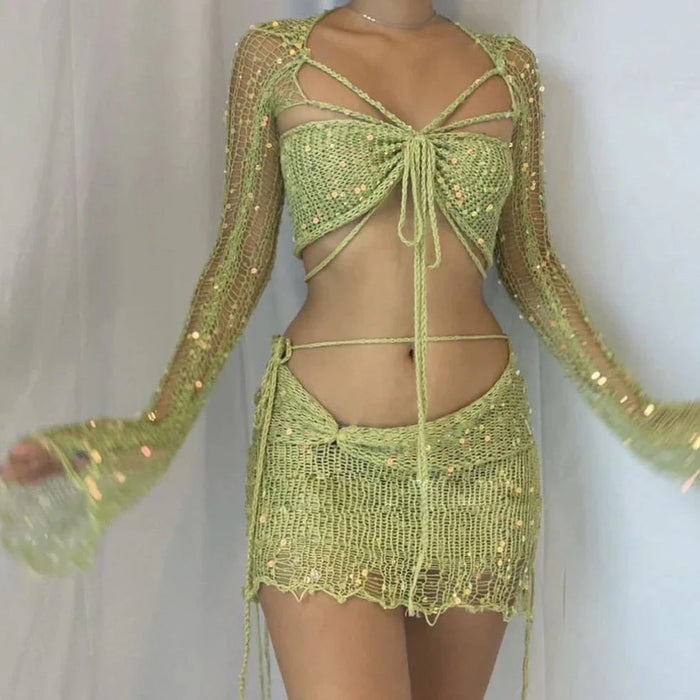 Knitted Sequin Crop Top and Skirt Matching Set Green