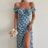 Floral Print Short Sleeve Off Shoulder Boho Slit Midi Dress Blue Floral