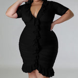 Plus Size Draped V-Neck Ruffle Midi Dress Black