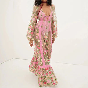 Long Sleeve Maxi Beach Floral Mesh Dress Pink