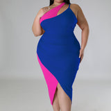 Plus Size Two Tone One Shoulder Ruched Midi Dress Blue