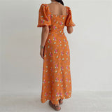 Floral Print Short Sleeve Off Shoulder Boho Slit Midi Dress Orange Floral