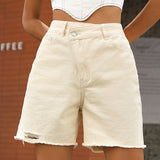 Criss Cross High Waist Denim Shorts Cream